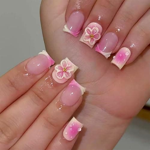 24pcs French Tip Press on Nails Short Square Fake Nails with 3D Flower Designs Pink Floral False Nail Kit Cute Flowers Artificial Acrylic Nails Kit Gradient Full Cover Glue on Nails for Women - Image 1