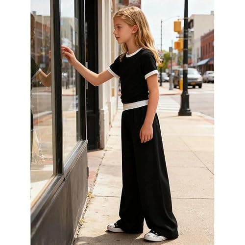 Voxikodex 7-14 Years Girls Sizes 2 Piece Casual Set Ruched Short Sleeve Fitted Waist-Cinched Top & Wide Leg Pants thumbnail 7