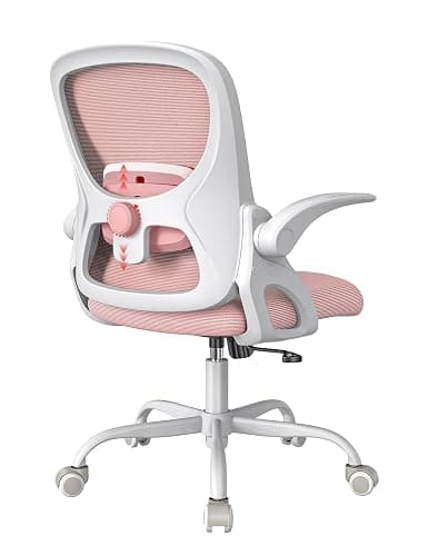 Home Office Chair，Ergonomic Mesh Desk Chair with Adjustable Lumbar Support, Flip-up Arm Rocking Swivel, Mid-Back Comfy Computer Chair (White-Pink) - Image 1