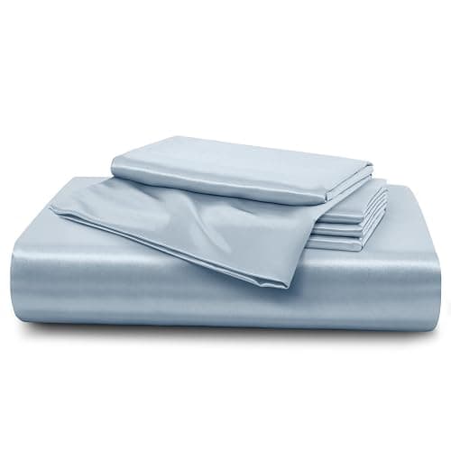 Horbaunal 5 Pieces Satin Duvet Cover Set Queen/Full Size Baby Blue Duvet Cover with Corner Ties & Zipper Closure, Luxury & Silky Bedding Set, 1 Duvet Cover and 4 Pillowcases (No Comforter) thumbnail 7