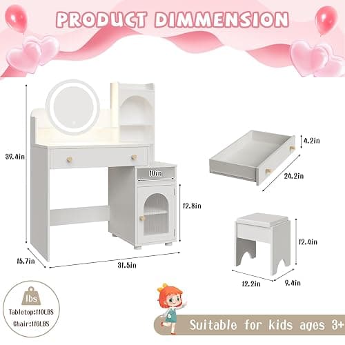Vabches Kids Vanity Table and Chair Set, Toddler Dressing Table for 5-12 Year Old Little Girls, 2 in 1 Princess Makeup Vanity with Mirror & Lights, Wooden Pretend Play Vanity Desk, White thumbnail 2