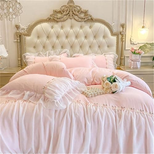 MOOWOO Pink Bedding-Romantic Ruffle Lace Bedding Set 2 Piece Comforter Twin Duvet Cover with Zipper Closure,Aesthetic Room Decor for Girls-Pink,Twin Size thumbnail 9