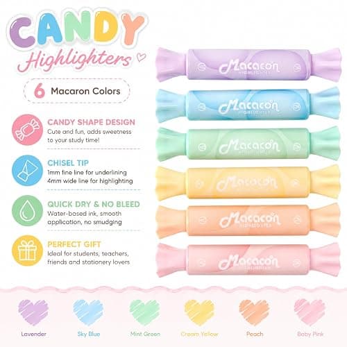 chosch Candy Shape Highlighters, Assorted colors,Chisel Tip,Water Based,Quick Dry& Write Smoothly 6 Macaron Colors (CANDY HIGHLIGHTER) thumbnail 4