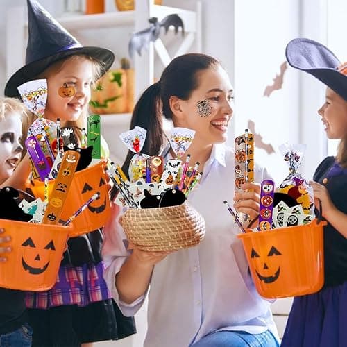 WOONOO 24 Pack Halloween Goodie Bag Stuffers Stationery Set, Assorted Halloween Party Favors for Kids Toys Bulk Non Candy Halloween Treats Pencils, Eraser, Slap Bracelets thumbnail 2