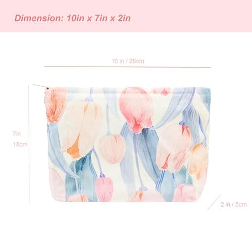 Floral Makeup Bag Large Cotton Zipper Pouch for Purse Travel Canvas Make Up Organizer for Women Cosmetic,Tulip Pink thumbnail 3
