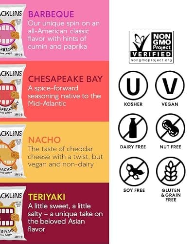 SNACKLINS Plant Based Crisps 4 Flavor Variety - Nacho, BBQ, Teriyaki, Chesapeake Bay - Gluten Free, Grain Free, 100% Kosher, Crunchy Puffed Snack Only 90 Calories Per Bag - .9oz Bag (Case of 12) thumbnail 3