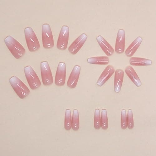 Hkanlre Bling Coffin Press on Nails Fake Nails Tips Full Cover Medium False Gradient Nails for Women and Girls 24PCS (Coffin pink) thumbnail 2