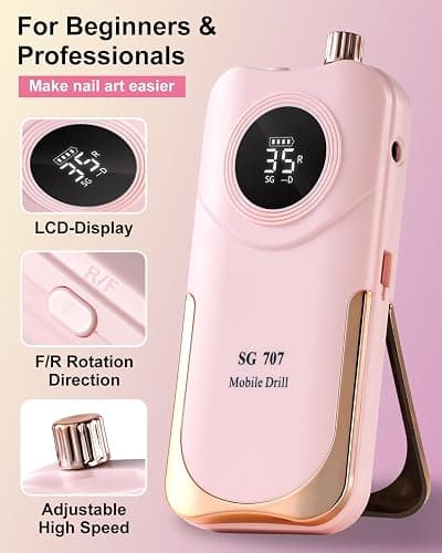 Professional Nail Drill Kit 35000RPM Clip-On Portable Cordless Rechargeable Adjustable Speed with LCD Display and 14 Bits for Acrylic Gel Manicure Pedicure Suitable for Salon Home and DIY Nail thumbnail 7