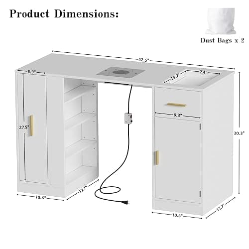 PAKASEPT Manicure Table Nail Desk for Nail Tech, Nail Desk w/Dust Collector, Nail Supplies Decor Workstation with 2 Dust Bags, Storage Drawers & Cabinets thumbnail 2