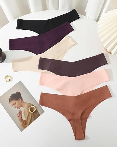 FINETOO Seamless Thongs for Women Sexy No Show Panties Invisible V-waisted Stretch Ladies Underwear 6 Pack thumbnail 4