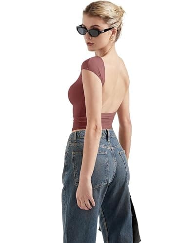 SUUKSESS Women Backless Sexy Going Out Tops Double Lined Open Back Y2k Basic Tee Shirts thumbnail 2