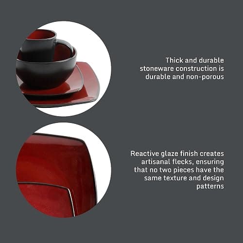 Gibson Elite Soho Lounge Square 16-Piece Dinnerware Set, Service for 4, Reactive Glaze Stoneware Plates and Bowls, Modern Dishes, Microwave & Dishwasher Safe – Red and Black thumbnail 5