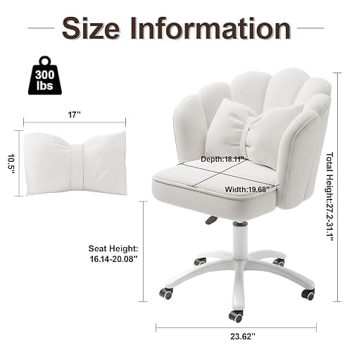 XUEGW Petal Desk Chair with Bow Cushion Velvet Vanity Chair with Wheels, Upholstered Home Office Chair for Girls Women, Mid-Back Swivel Computer Task Chairs for Living Room Bedroom thumbnail 2
