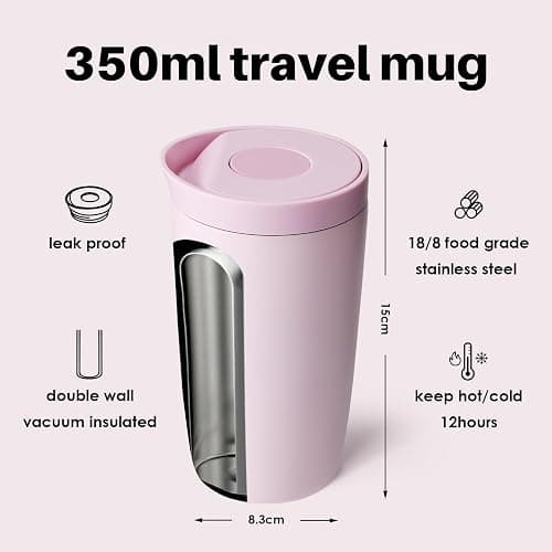 Insulated Travel Mug 350ml Stainless Steel Office Coffee Cup with Push Button Lid Keeps Cold and Hot for 8 Hours (Pink) thumbnail 3