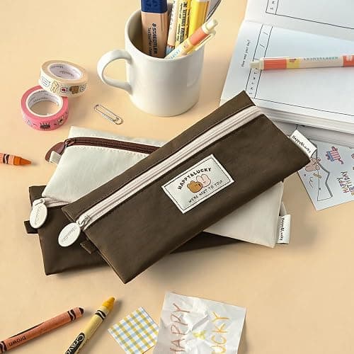 Monolike Happy and Lucky Flat Pencil Case, Brown - Slim Water-Resistant Nylon Pen Pouch, Aesthetic Pastel Stationery Organizer for Office thumbnail 2