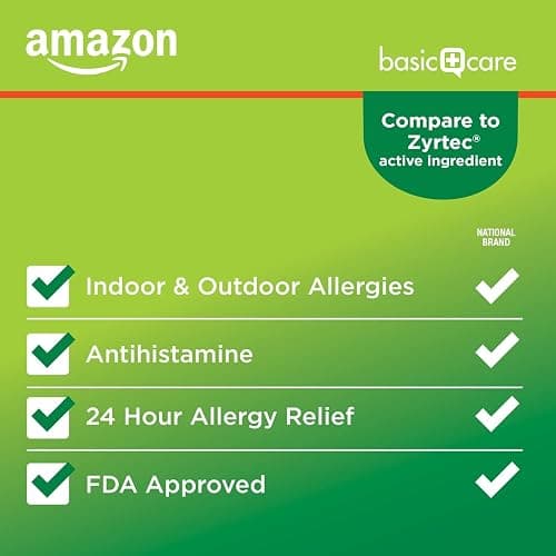 Amazon Basic Care All Day Allergy, Cetirizine Hydrochloride Tablets, 10 mg, 24-Hour Relief for Sneezing, Runny Nose, Itchy Eyes & Throat, Indoor & Outdoor Allergy Relief, 365 Count thumbnail 2
