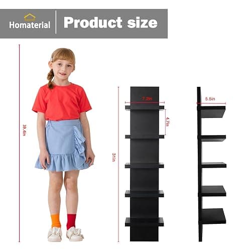 Homaterial 5 Tier Shelvesl, Vertical Column Wall Decor Mount Floating Shelves for Bedrooms, Living Rooms, Natural Finish Wall Shelf, Black thumbnail 3