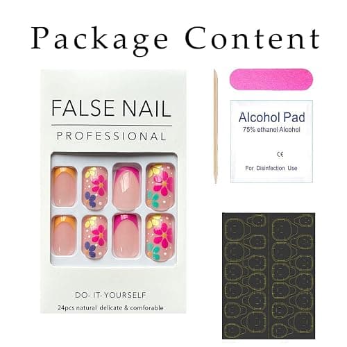 French Tip Press on Nails Short Square Fake Nails Nude Pink False with Flower Designs Acrylic Artificial Nails Full Cover Glue on Nails Stick on Nails for Women Girls thumbnail 7