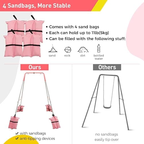 FUNLIO Foldable Swing Stand for Kids with 4 Sandbags, Heavy Duty Metal A-Frame Indoor/Outdoor for Backyard, Suitable Most Toddler/Baby Jumper/Hammock Chair - Pink thumbnail 5