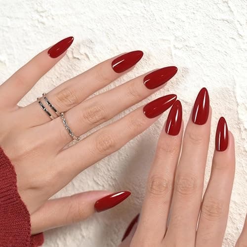 Wine Red Press On Nails Almond - Medium Dard Red Acrylic Nails Press Ons, Glue On Nails for Party Birthday Christmas Gift in 15 Sizes - 30 Fake Nails Kit, Dark Red thumbnail 2