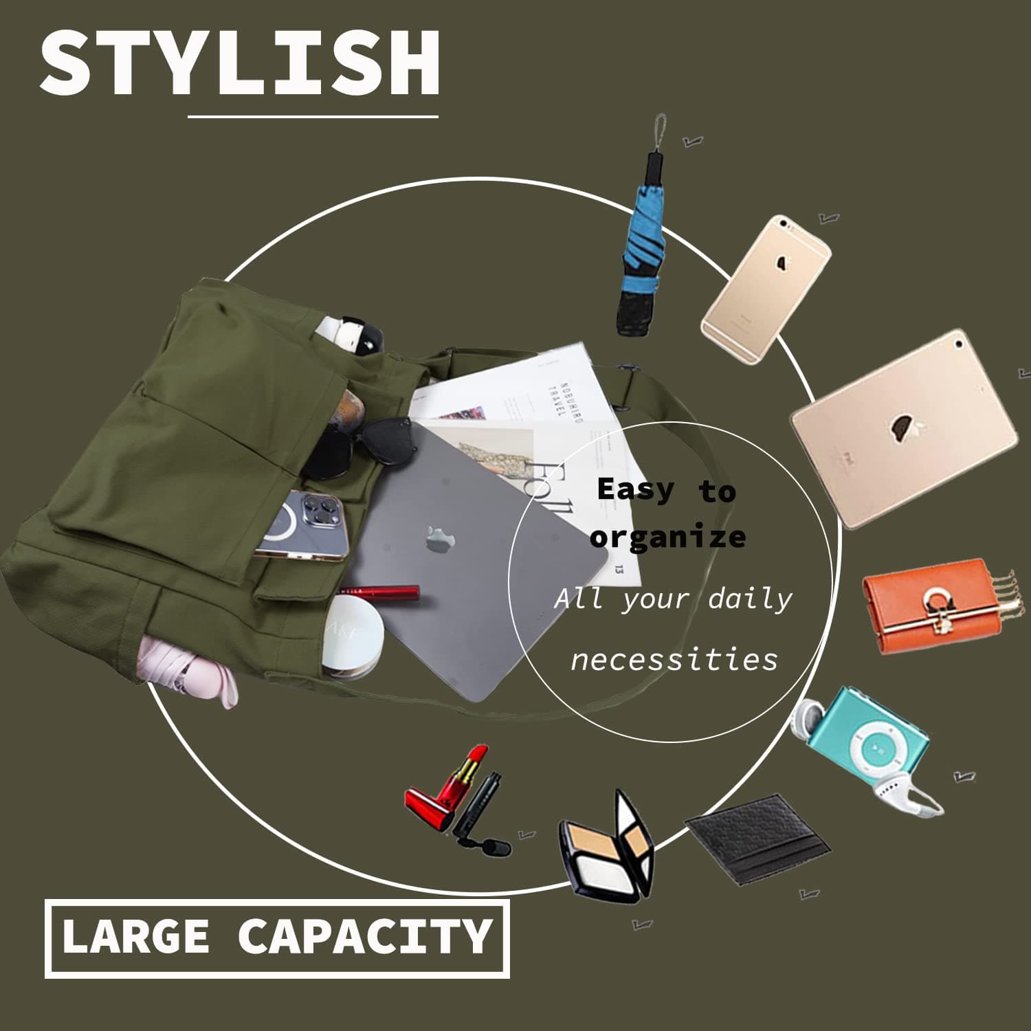Canvas Messenger Bag Large Hobo Crossbody Bag with Multiple Pockets Casual Shoulder Tote Bag for Women and Men thumbnail 6