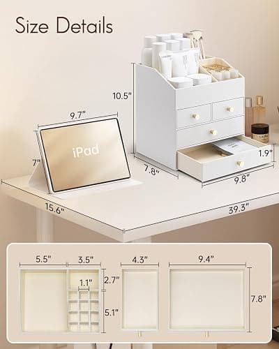 Vlando Makeup Organizer Countertop,Large Vanity Organizer PU Leather Make up Storage with 4 Drawers Skin care Organizer Cosmetic Display Case for Lipstick,Brushes,Bedroom-White thumbnail 2