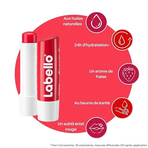 LABELLO Strawberry Shine (1 x 5,5 ml), Baume à lèvres enrichi en huiles naturelles et vitamines C & E, Soin des lèvres Hydratation longue durée pendant 24H thumbnail 2