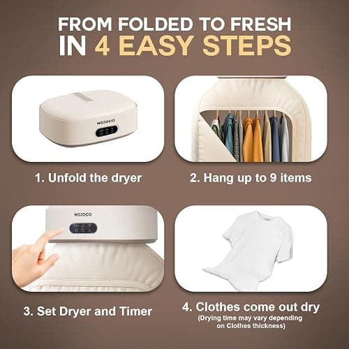 MOJOCO Portable Clothes Dryer - Mini/Compact Dryer for Apartment, RV, Travel - Small Quiet Fast-Drying Machine with Adjustable Timer & Hassle-Free Setup thumbnail 8
