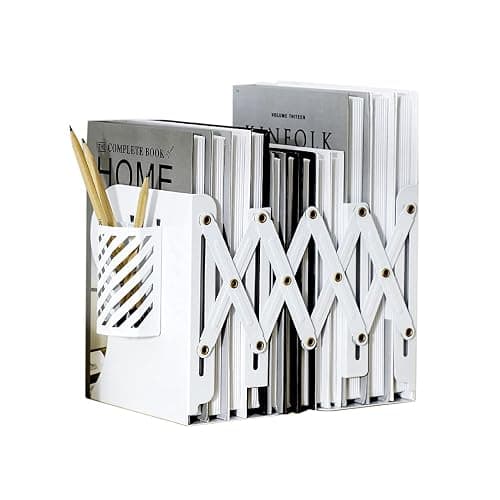 Adjustable Bookends Metal Book Ends for Heavy Book Holder Heavy Duty Bookends Nonskid Bookcase Desktop Book Organizer Binder Holder (White) - Image 1