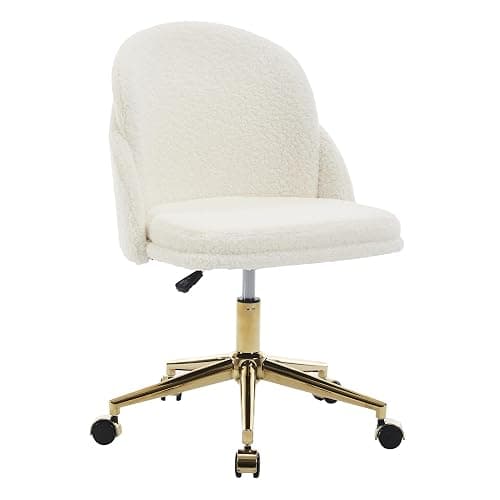 Faux Fur Desk Chair, Comfy Boucle Makeup Vanity Chair Modern Upholstered Fluffy Swivel Chair with Wheels Golden Metal Base, Height Ajdustable for Girls, Home Office Living Dressing Room Bedroom, White - Image 1
