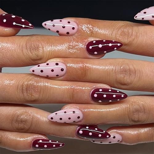 Polka Dot Press on Nails Medium Almond Fake Nails Burgundy Pink Nails Press ons with Design Full Cover Stick on Nails for Women Manicure,Reusable | Artificial | Nail Sticky Tabs | Easy Apply | 24Pcs - Image 1