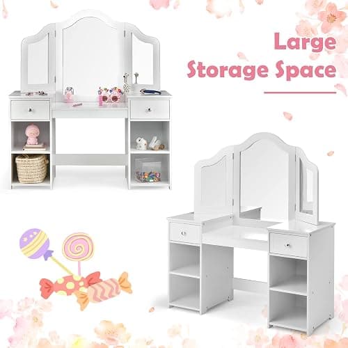AKUSTIK Kids Vanity, 2 in 1 Wooden Princess Makeup Table and Chair for Toddlers with Tri-Folding Detachable Mirror, Storage Drawers for Little Girls, Pretend Beauty Dressing Desk Play Set Toy Gift thumbnail 4