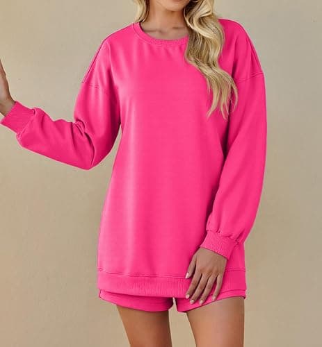 Tankaneo Womens Oversized 2 Piece Outfits Sweatsuit Casual Long Sleeve Crewneck Sweatshirts Sweat Shorts Fall Lounge Sets thumbnail 5
