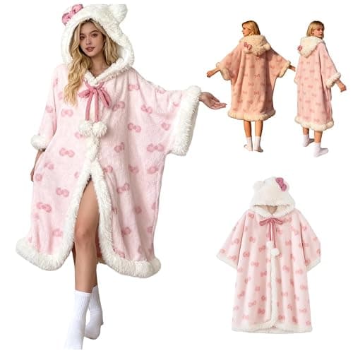 CHERSE Cute Cartoon Winter Hooded Nightgown Pajama Set Robe Snuggie Wearable Blanket Hoodie for Women Pink Bow - Image 1