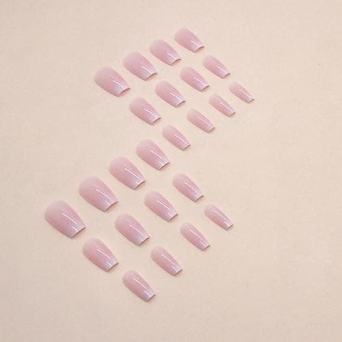 Ombre Press on Nails Coffin Fake Nails Medium False Nails with Design Pink White Gradient Full Cover Acrylic Nails Artificial Glue on Nails for Women Girls Manicure 24Pcs… thumbnail 2