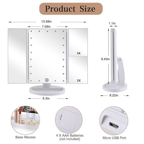 Flymiro Tri-fold Lighted Vanity Makeup Mirror with 3x/2x Magnification,21 LEDs Light and Touch Screen,180 Degree Free Rotation Countertop Cosmetic Mirror,Travel (White) thumbnail 2