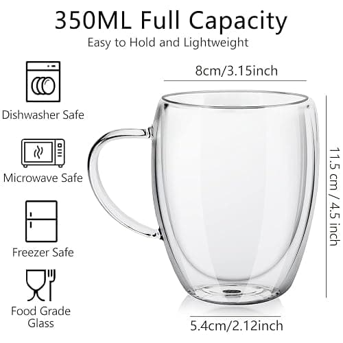Glass Coffee Mugs 350ml, Top-spring 12oz Clear Glass Coffee Cups with Handles - Set of 4 Double Wall Insulated Coffee Mug Tea Latte Espresso Cups - 12oz thumbnail 4