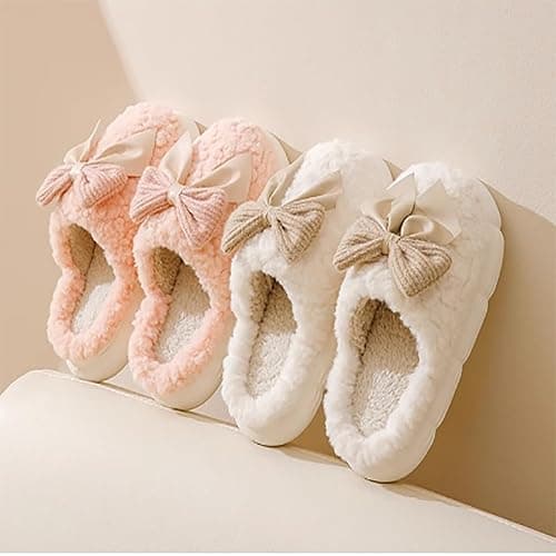 HANDKEI Women's Slippers Warm Plush Bow Indoor Anti slip Home Thick Sole Winter Slippers thumbnail 3