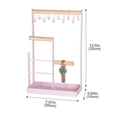 ProCase Jewelry Stand Holder Organizer, 4-Tier Necklace Holder with Ring Tray, 10 Hooks Necklaces Hanging Small Jewelry Display Storage Tower Tree for Bracelets Earrings Watches -Medium, Pink thumbnail 3