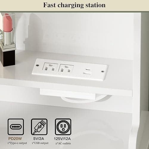 Ieejdn Makeup Vanity Desk with Mirror and Lights, Vanity Desk with 8 Drawers & Storage Shelves, Vanity Table with Power Outlet, 3 Color Modes & Adjustable Brightness Dressing Table, Bedroom,White thumbnail 7
