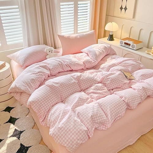 Michorinee Double Duvet Cover Set Pink White Plaid Pattern Country Style Bedding Set with Zipper Closure Aesthetic Cute Gingham Grid Washed Microfibre Girls Quilt Cover with 2 Pillowcases 50x75 cm thumbnail 2