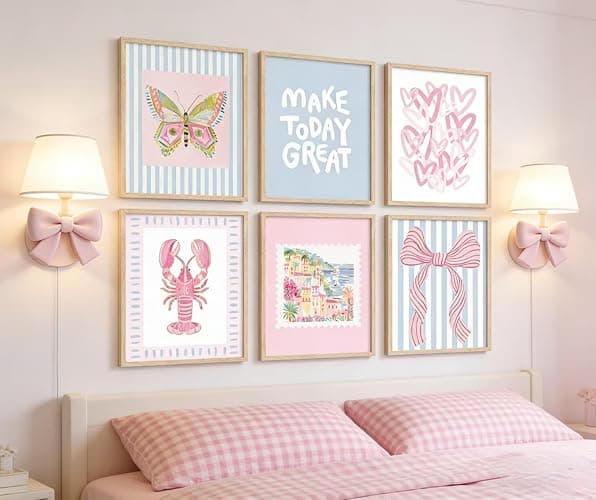 6Pcs Unframed Pink Blue Beach Wall Art Trendy Coastal Granddaughter Wall Decor Picture Summer Preppy Lobster Bow Canvas Posters Prints for Girls Apartment Dorm Home Decorations thumbnail 3