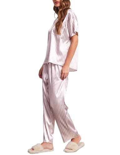 Ekouaer Womens Satin Silky Pajama Set Short Sleeve Shirt with Long Pajama Pant Set Soft PJ Loungewear thumbnail 3