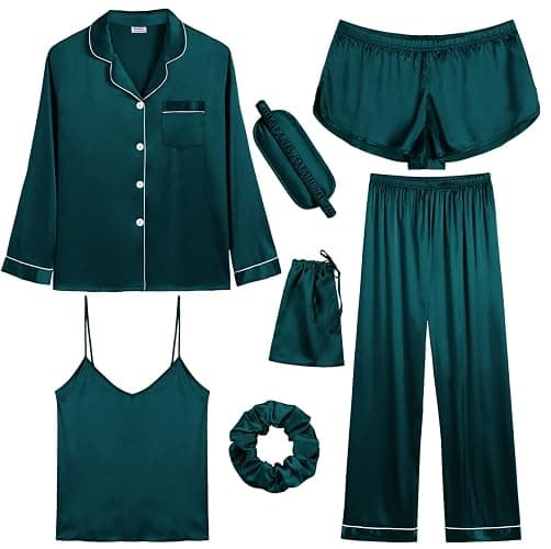 SWOMOG Women Satin Pajamas 4pcs Pajama Set Sexy Cami Shorts Set and Button Down Long Sleeve Pjs Loungewear Sleepwear - Image 1