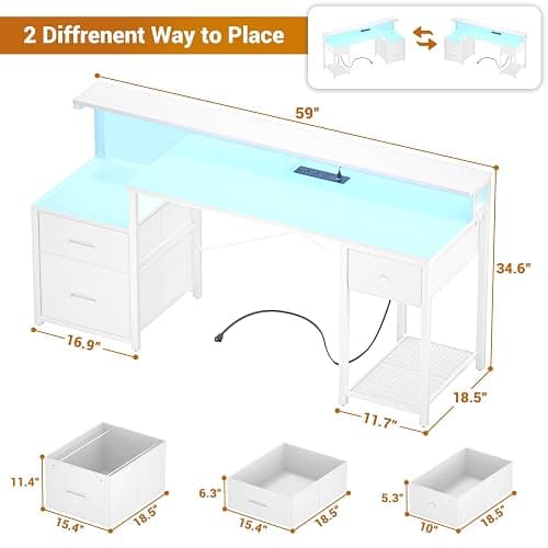 Aheaplus Computer Desk with 3 Drawers, Home Office Desk with File Drawer & Power Outlet, 59'' Gaming Desk with Led Lights, Long Work Desk with Storage Shelves, Printer Cabinet and Monitor Shelf, White thumbnail 3