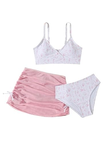 COZYEASE Girls' 3 Piece Set Floral Print Bikini Swimsuit with Drawstring Beach Skirt Cute Ruched Bathing Suit - Image 1