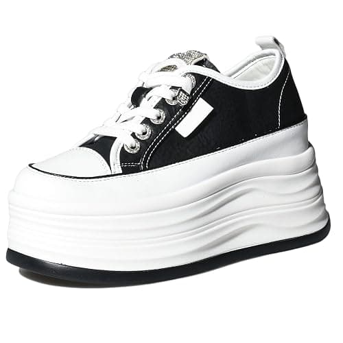 JYSGYLT 4 inch White Platform Sneakers for Women - Chunky Non Slip Sole Slip On Casual Shoes Women’s Fashion Sneakers with 7cm Platform & 2cm Hidden Heel Walking Shoes (White/Black) - Image 1