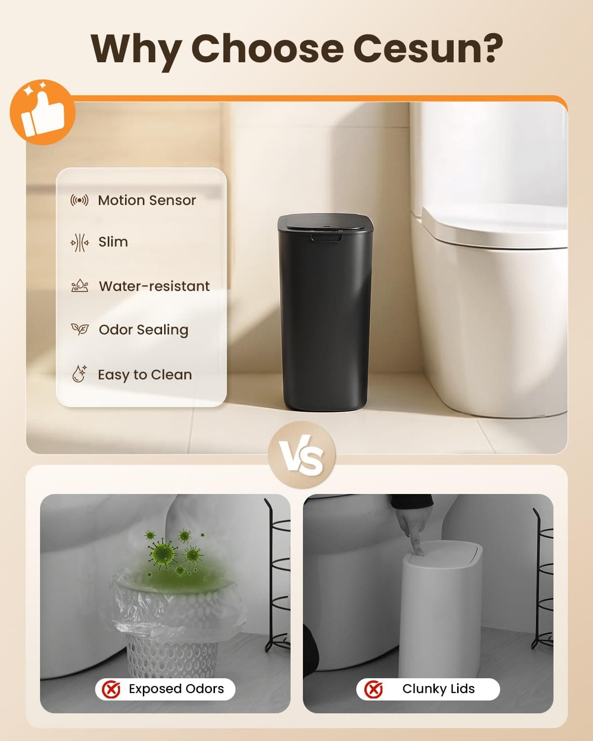 Cesun 5 Gallon Automatic Bathroom Trash Can, Touchless Motion Sensor Garbage Can with Lid, Smart Plastic Slim Wastebasket for Bathroom, Office, rv, Bedroom, Living Room, Black thumbnail 7