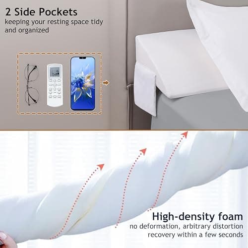 Vekkia Queen Bed Wedge Pillow for Headboard Gap Filler(0-5"),High-Density Foam,Prevent Pillow & Item from Falling,Ergonomic Design,Large Storage Pockets, Removable&Washable Cover,White,60''x10 x6 thumbnail 7