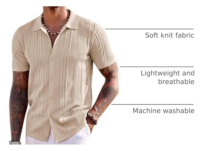 COOFANDY Men's Knit Shirts Short Sleeve Button Down Polo Shirt Fashion Casual Summer Beach Shirts thumbnail 3